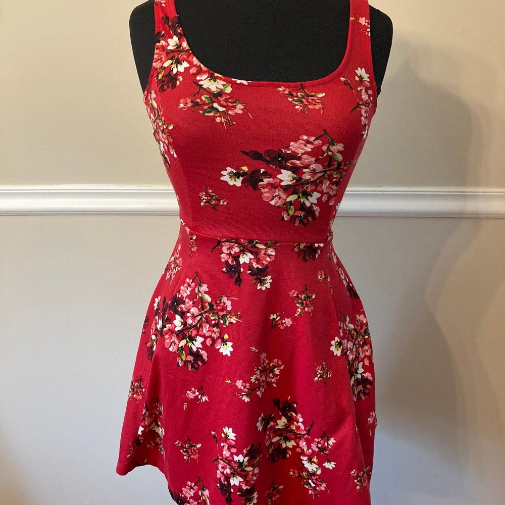 H&M Divided Red Skater Dress with Cherry Blossoms